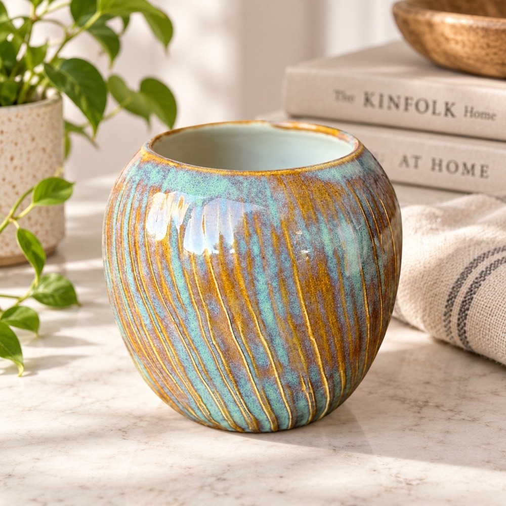 Handmade Studio Pottery Planter Vase Teal Amber Reactive Glaze Ribbed Pottery